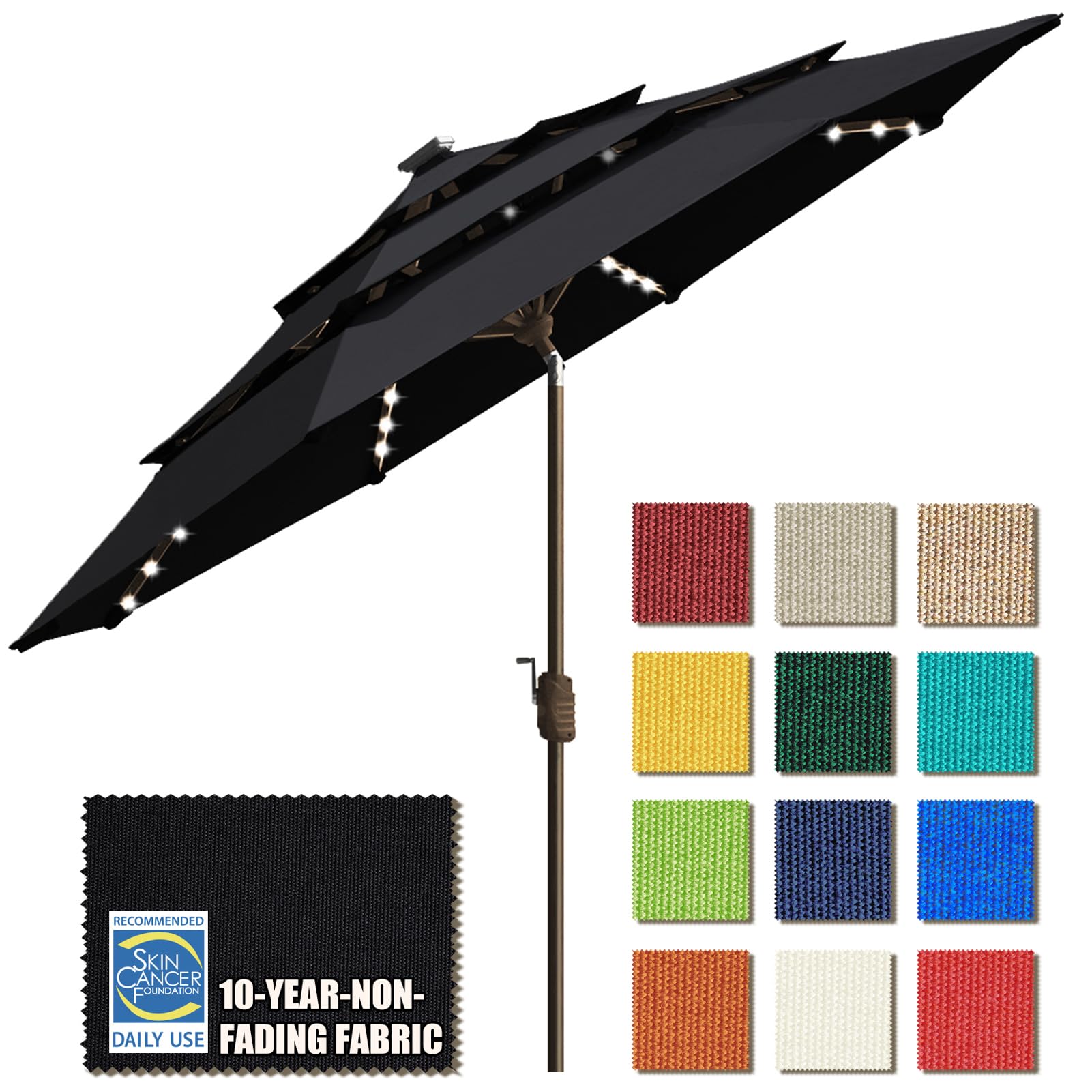 EliteShadeUSA 10-Year-Non-Fading Solar 9ft 3 Tiers Market Umbrella with 80 LED Lights Patio Umbrellas Outdoor Table with Ventilation,Black