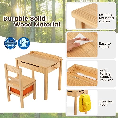 Miniatura 59 de HONEY JOY Juego de mesa y silla para niños, escritorio y silla de madera con cajón, soporte para rollo de papel y 2 rotuladores, juego de mesa de