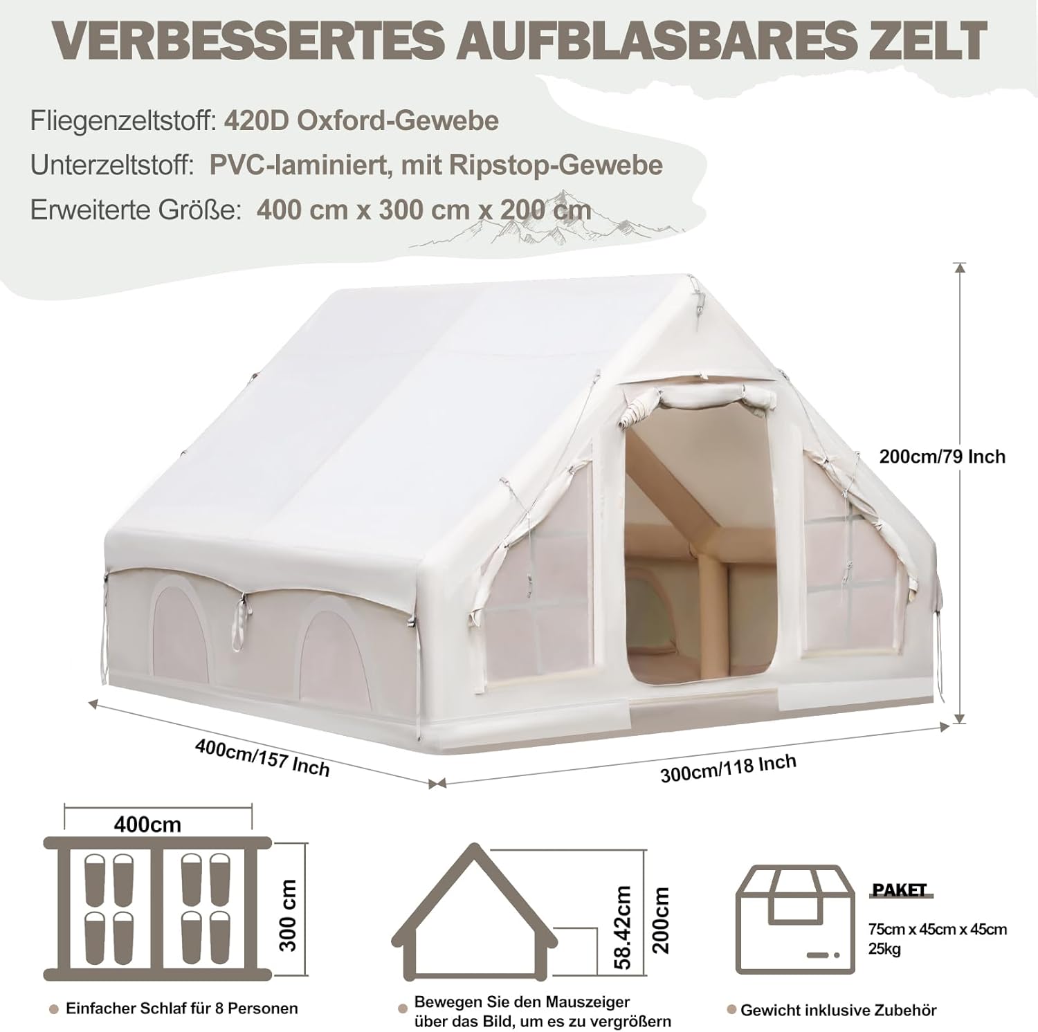 Inflatable Camping Tent, Glamping Inflatable Tent for Camping, 4 Season Water&Windproof Outdoor Oxford Blow Up Cabin Tent with Mesh Windows & Doors for 4-8 People Camping