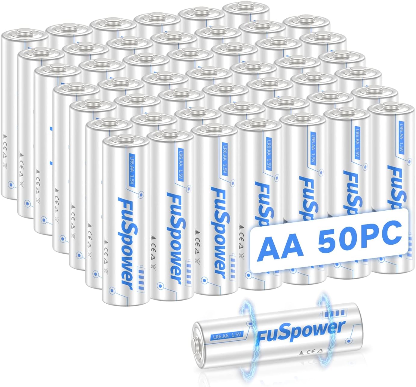 AA Batteries 50 Pack, 1.5 Volt LR6 Alkaline Battery 10-Year Shelf Life, Double A Battery for Clock, Remote Controls, Smoke Detector and more