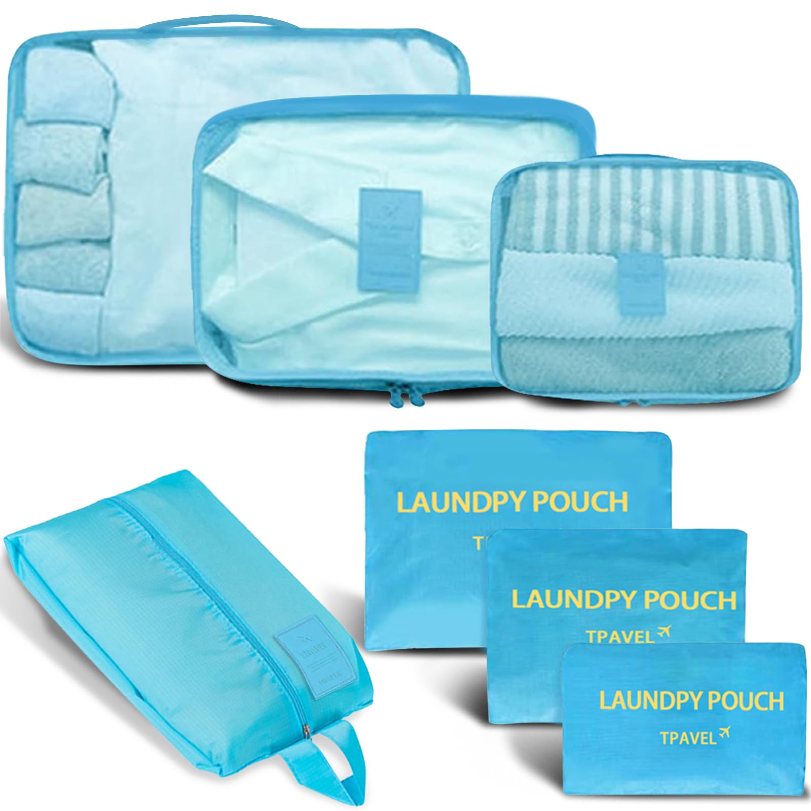 INVODA 7 piece Multi-size Packing Cubes for Travel Suitcase Organizer Bags Lightweight Travel Bags (Sky Blue)