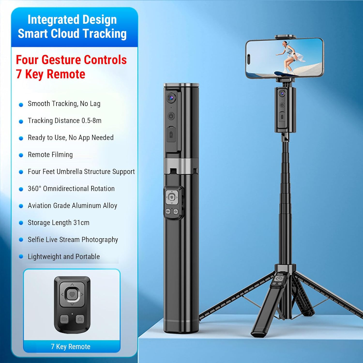 GOWENIC Extendable 1.5m Selfie Stick Quadripod, Hidden Collapsible Design with 360 Rotation, AI Face Tracking & Gesture Control