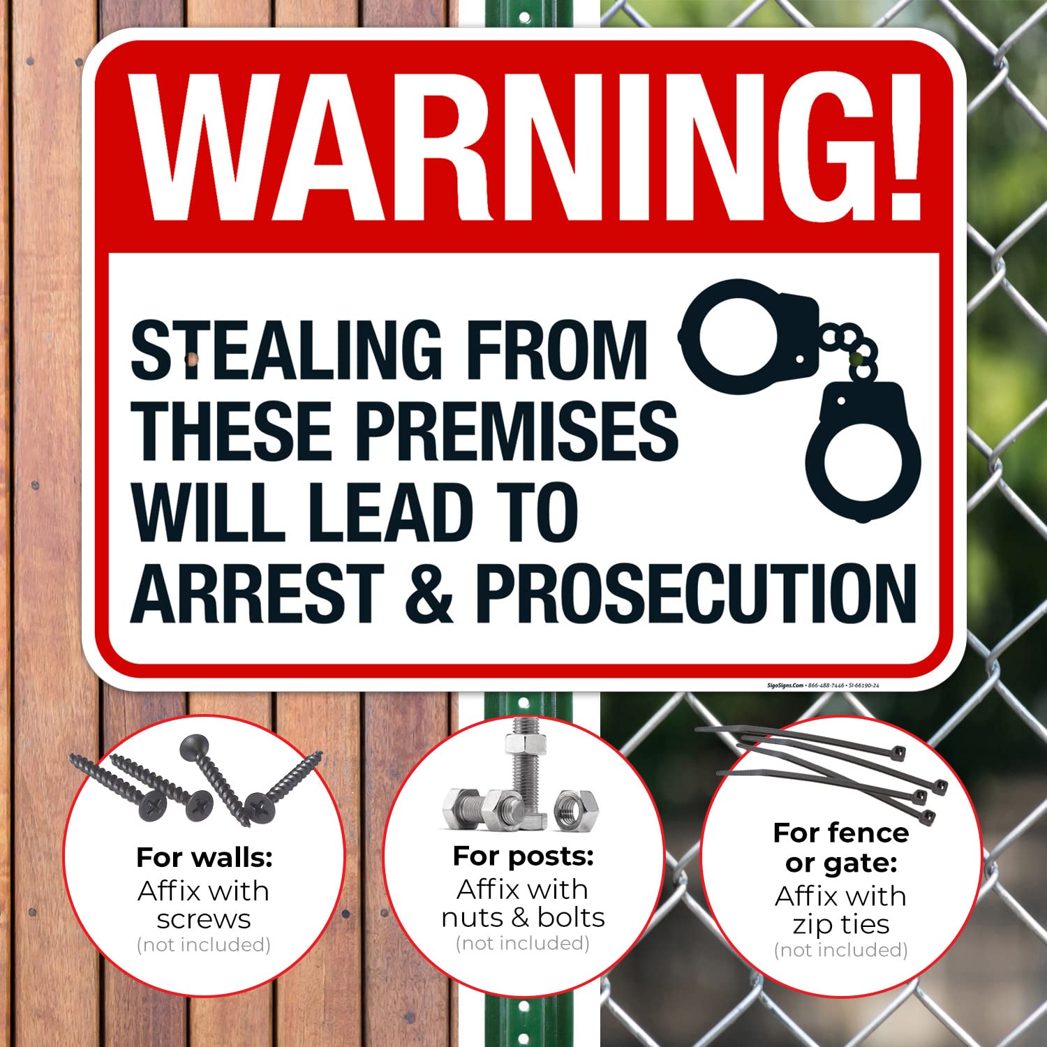 Stealing from These Premises Will Lead to Arrest and Prosecution Sign, 18x24 Inches, Rust Free .063 Aluminum, Fade Resistant, Made in USA by Sigo Signs