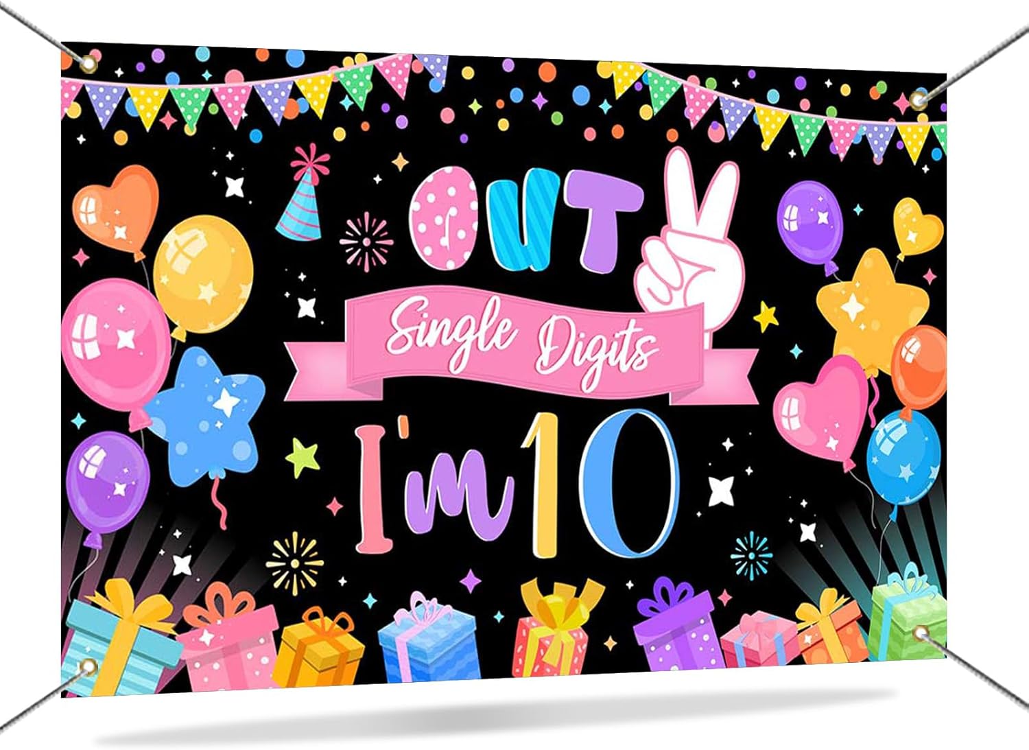 Mocsicka Happy 10th Birthday Banner for Kids Colorful Peace Out Single Digits I'm 10 Party Decorations Girls Boys 10 Years Old Birthday Party Supplies Photo Booth Props 70.8 x 43.3 Inch