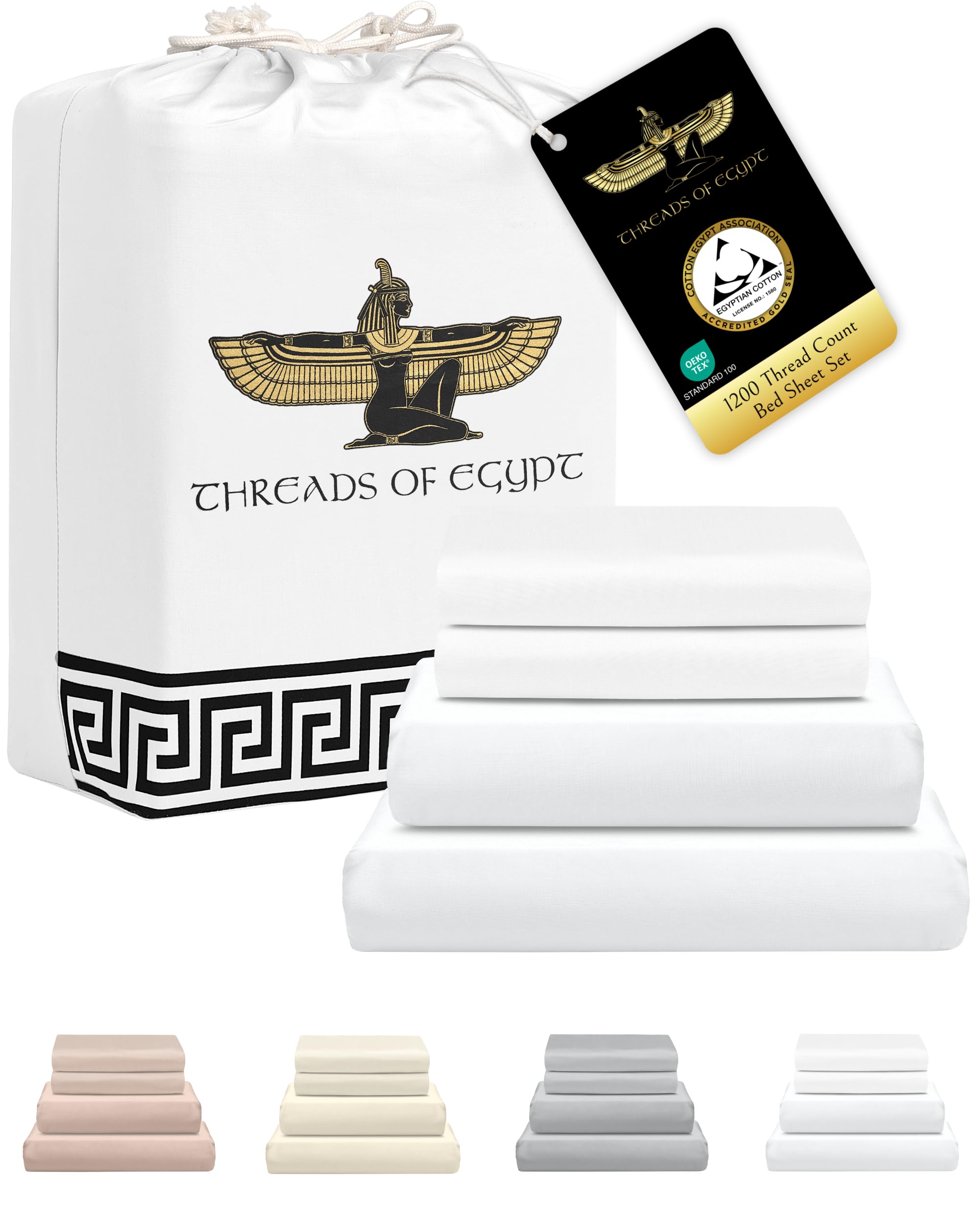 THREADS OF EGYPT 100% Egyptian Cotton Sheets Split King Size | 1200 Thread Count | CEA Gold Seal Certified | Ultra Soft | Cooling for Hot Sleepers | 18" Deep Pocket | Split King Size [White]