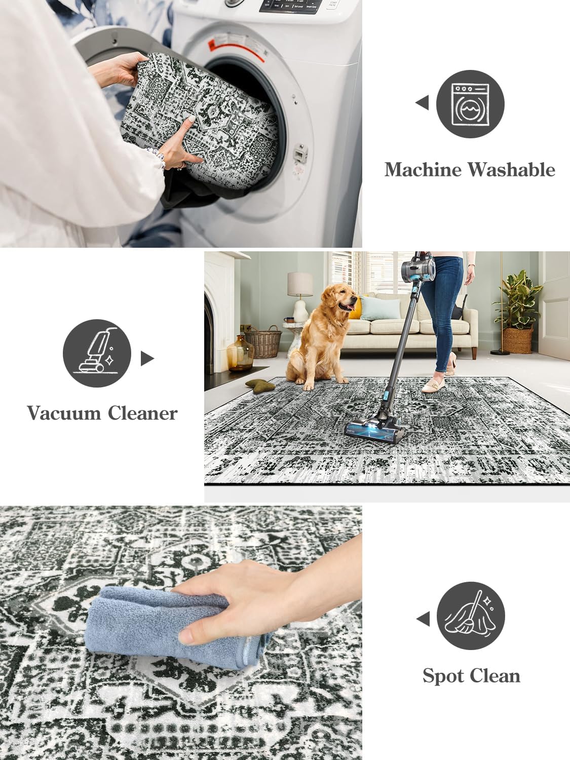 Lahome Boho Washable Runner Rug for Hallways Non Slip, Long 2.5x12 Rug Runner for Hallway Entryway Indoor,12ft Carpet Runner for Bathroom Kitchen Bedroom Bedside RV(Black/Grey,2.5x12Ft)