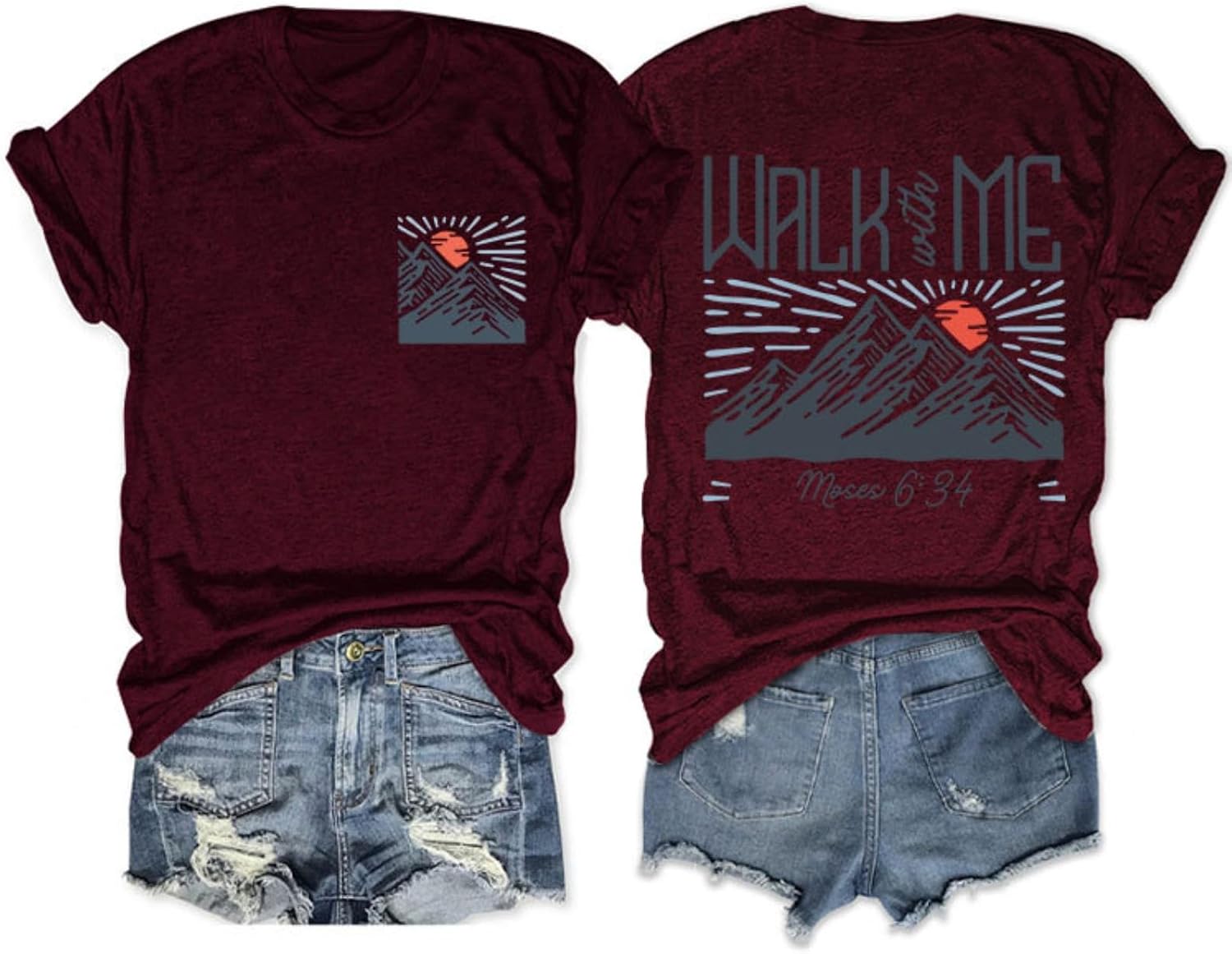 Women's Walk with Me Moses 6:34" T-Shirt Mountain Sunrise Christian Graphic Tee