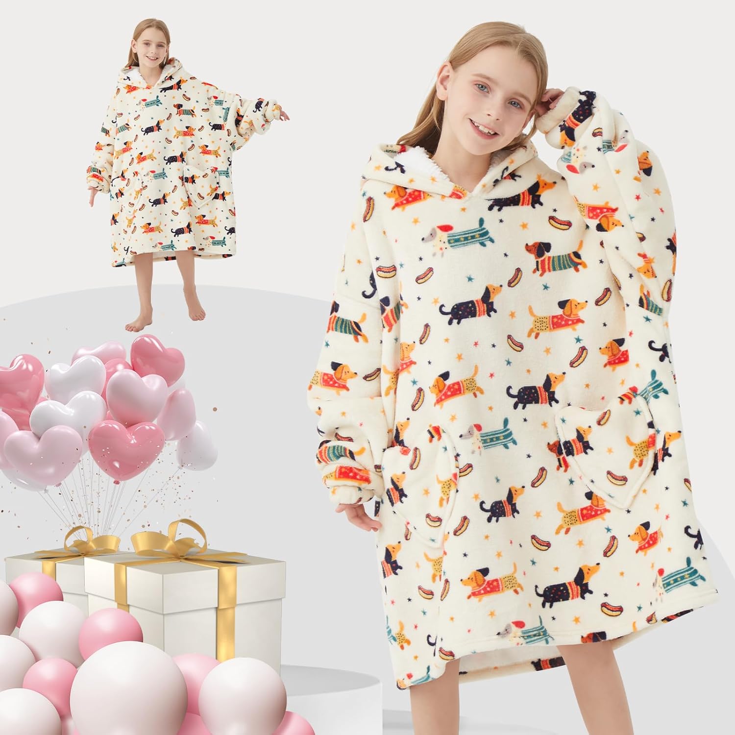 Wearable Blanket Hoodie for Kids Oversized Sherpa Blanket Hoodie for Kids Boys Girls Teens 6-13YR,Dachshund - Image 5