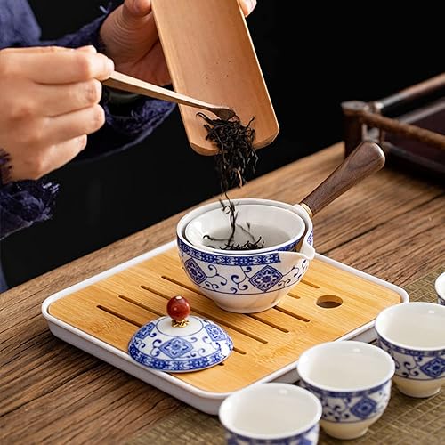 Miniatura 4 de fanquare Juego de té de viaje portátil de porcelana azul y blanca, juego de té Kungfu hecho a mano, 4 tazas, tetera y bandeja de té de bambú con