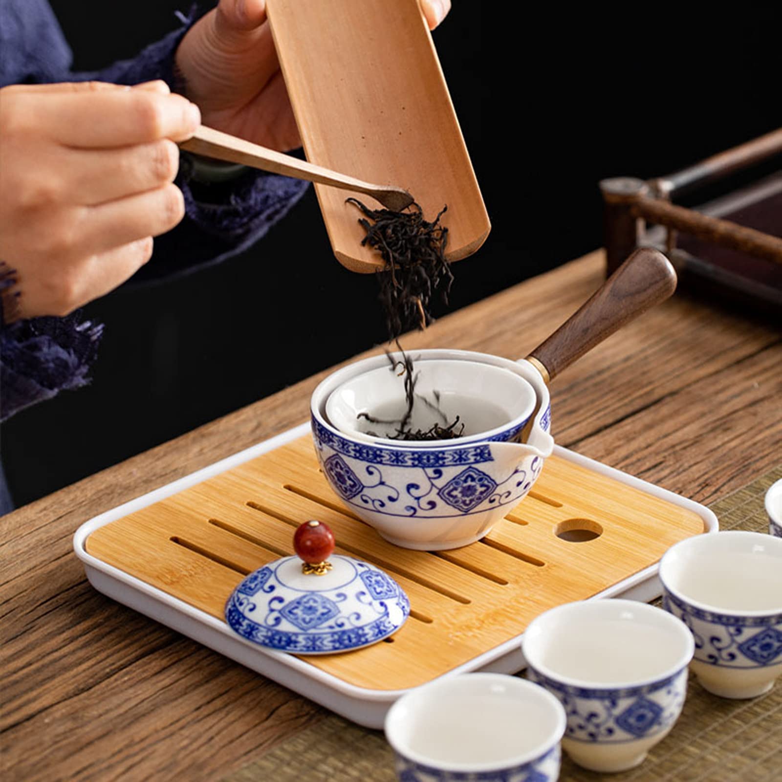 fanquare Juego de Té Portátil de Viaje de Porcelana Azul y Blanca,Juego de Té Kungfu Hecho a Mano, Tetera, 4 Tazas y Bandeja de Té de Bambú con Bolsa