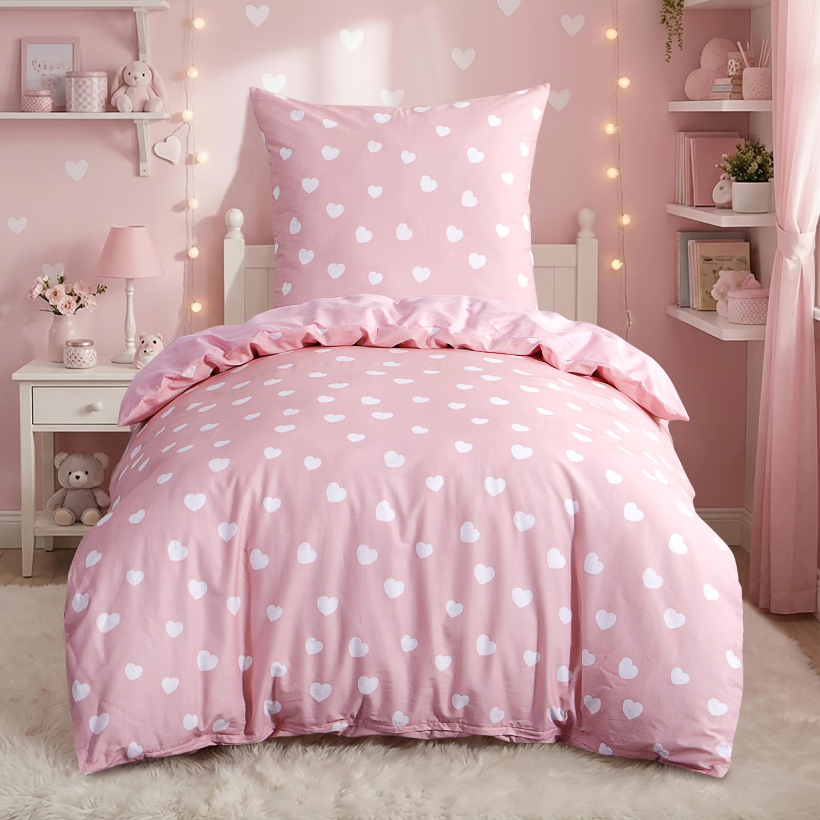 RUIKASI Bettwäsche 155x220 Baumwolle 2teilig Rosa - Baumwollbettwäsche 155 x 250 2tlg mit Herzen Muster, Bettbezug Set 2 teilig Cotton mit Reißverschluss