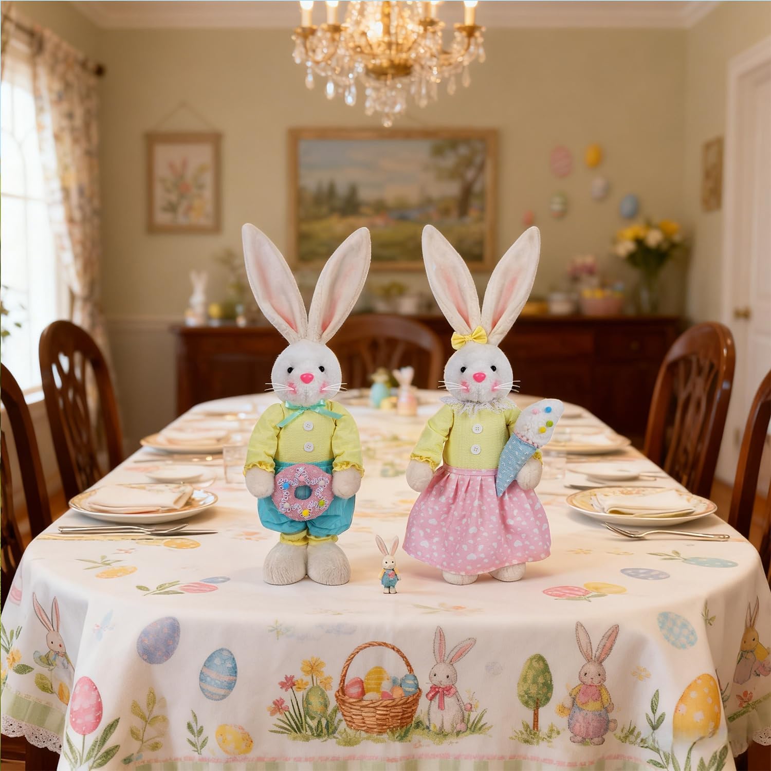 Glintoper 2 Pack Easter Decorations Standing Bunny with Stretchable Legs, 21" to 26" White Rabbits Couple Figurine, Party Favor Photo Props Gifts for Office Kitchen Farmhouse Front Door Spring Home