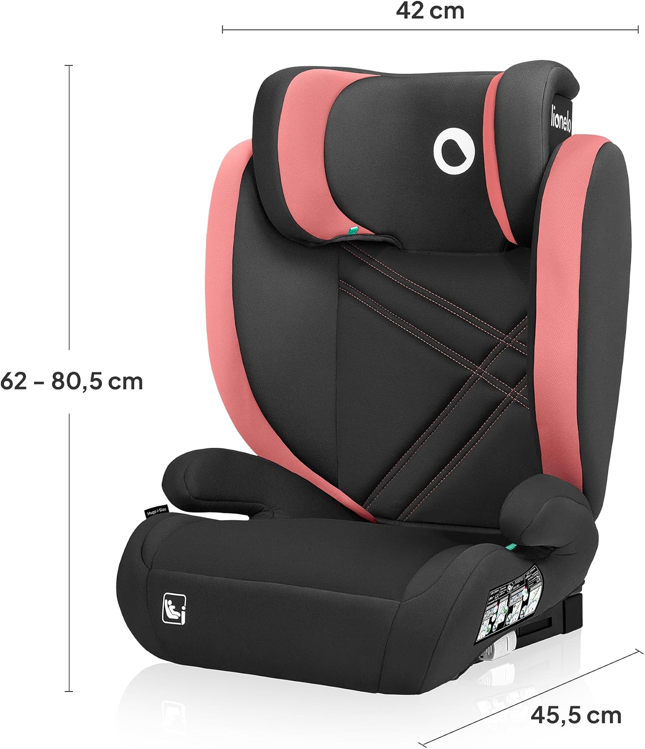 LIONELO HUGO I-SIZE Детское автокресло, группа 2/3, рост 100–150 см, крепление ISOFIX, регулируемый подголовник с наполнителем Memory Foam, боковая защита, удобные подлокотники, съемная спинка