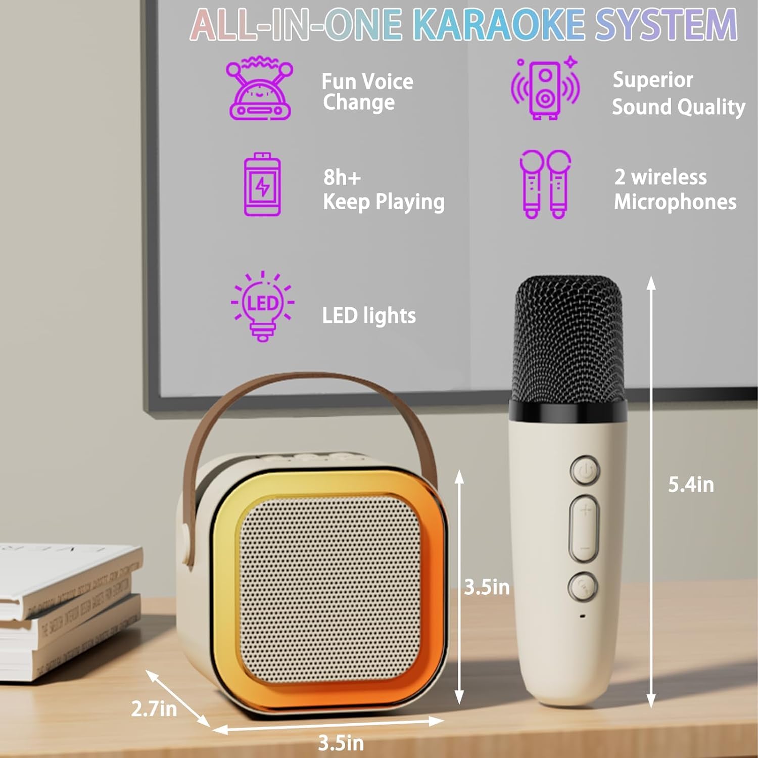 Maszyna do karaoke dla dzieci i dorosłych, mini maszyna do karaoke z 2 mikrofonami, przenośny głośnik Bluetooth z efektami głosowymi i diodami LED, mikrofon do karaoke, zabawka dla dzieci