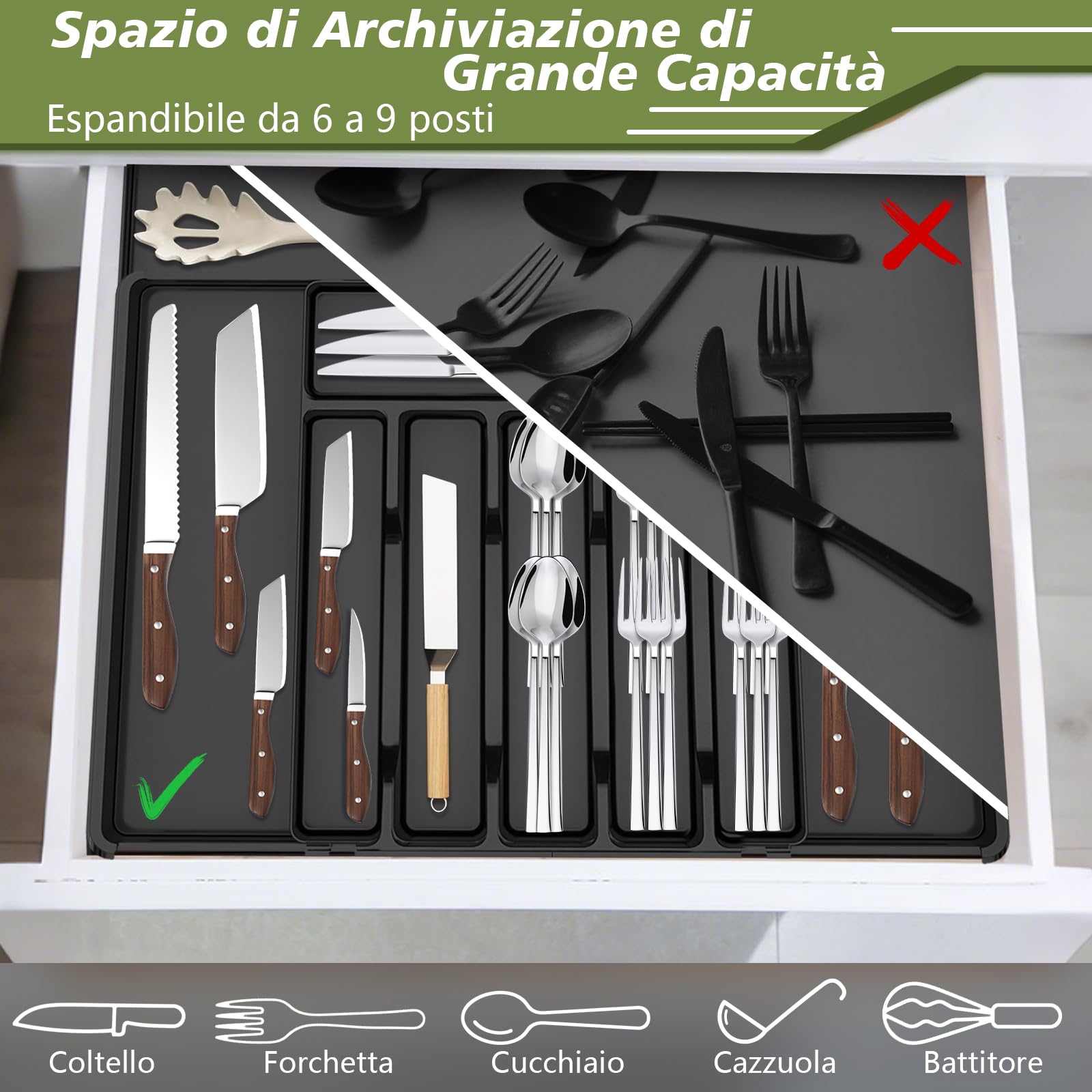 Charmofun Portaposate da Cassetto, Organizer Cucina Espandibile con 9 Scomparti, Nero