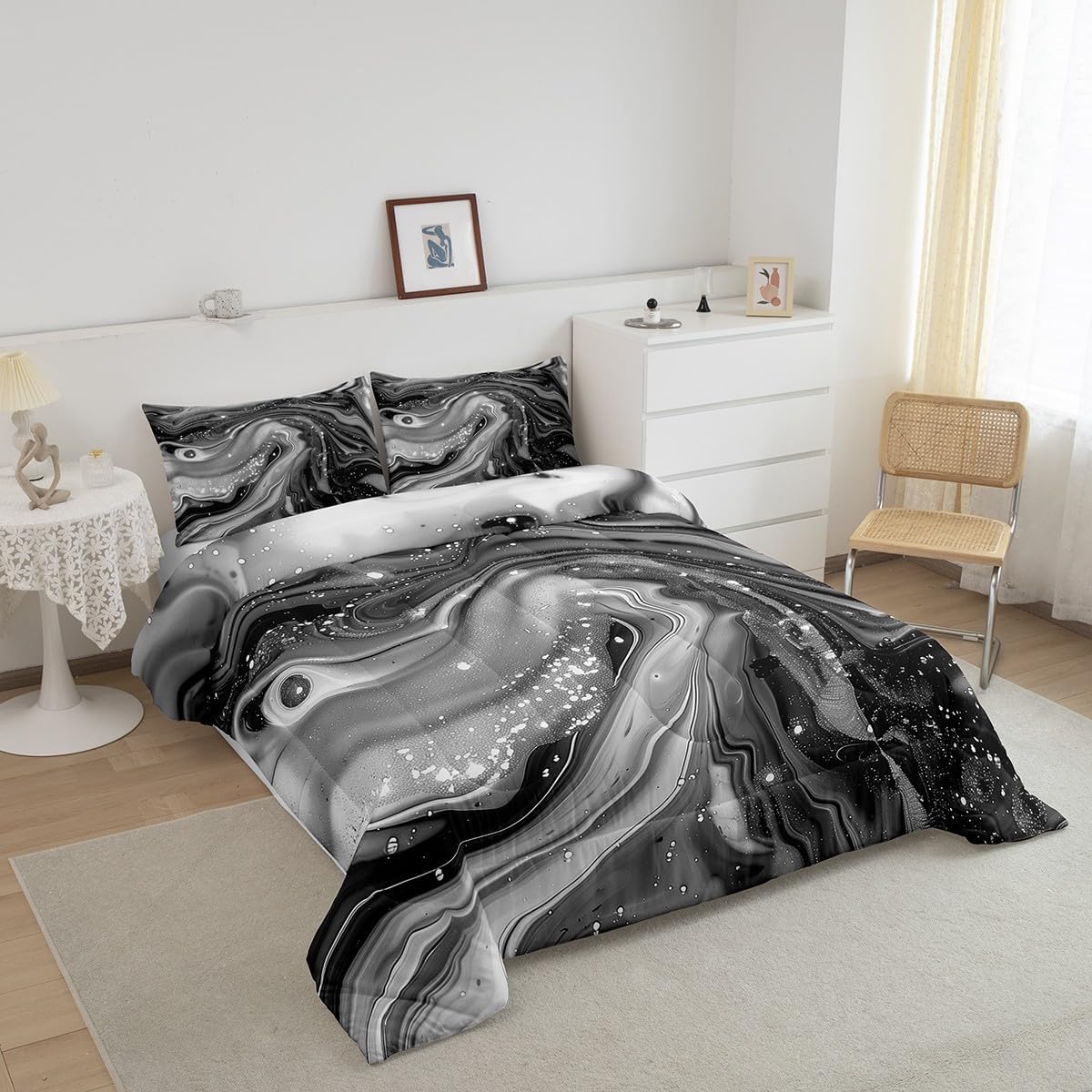 Erosebridal Gray Watercolor Bedding Full Black Marbling Comforter Set, Mountain Fluid Bedding Comforter Sets Grey Foil Print Glitter Duvet Insert, Modern Abstract Art Down Comforter Microfiber