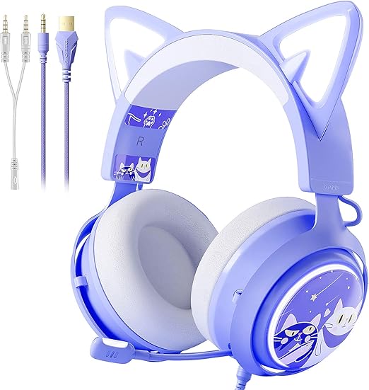 SOMIC Purple Cat Ear Headphones, 3.5mm Gaming Headsets for PC, Laptop