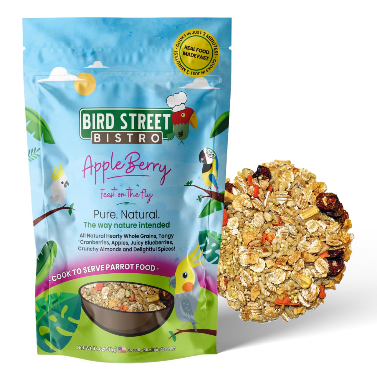 Bird Street Bistro Parrot Food - Parakeet & Cockatiel Food - Cooks in 3-15 min with Natural & Organic Grains, Legumes, Non-GMO Fruits, Vegetables & Health Spices