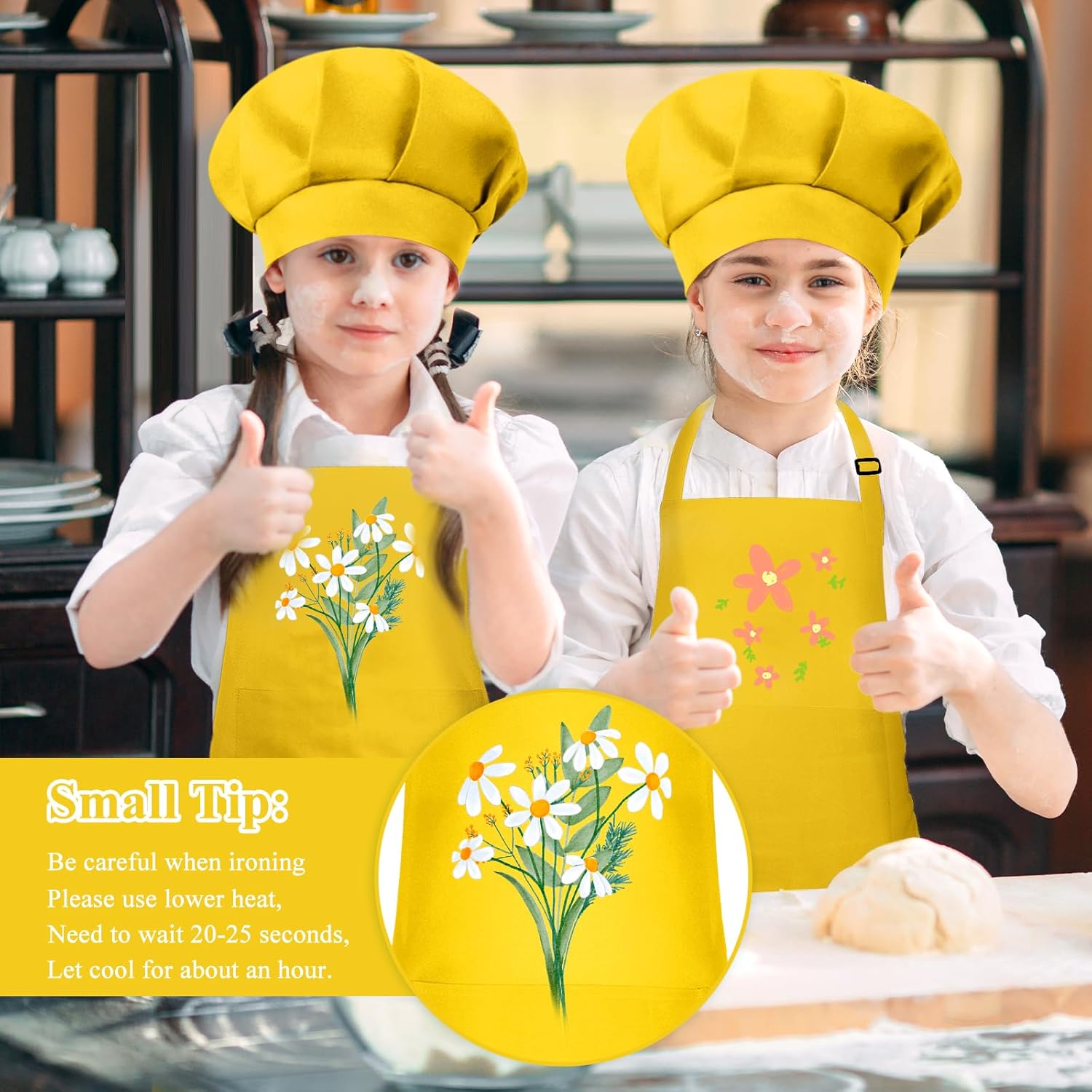 Kids Apron and Chef Hat Set Adjustable Chef Art Apron with 2 Pockets Toddler Chef Hat and Apron for Cooking Baking Painting (Yellow), Small - Image 4