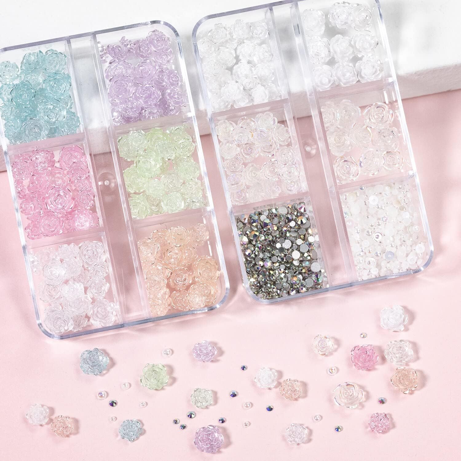 3D Auroras Camellia Nail Decorations Color Acrylic Flower golver Mixed Steel Bead Nail Accessory Cute Flower Rhinestone DIY Nail Charms - (Style A, Color: Red)