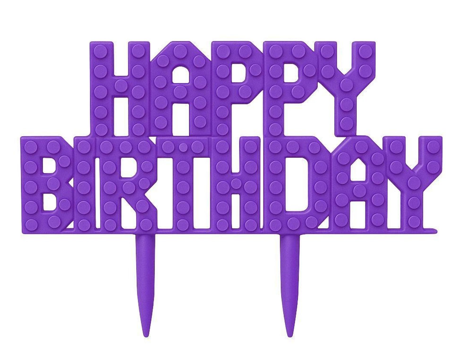 Bricks Compatible Happy Birthday Cake Topper– Brick Party Theme | Block system Custom Birthday Decoration, Blue, Pink, Red - Any Colour (Purple)