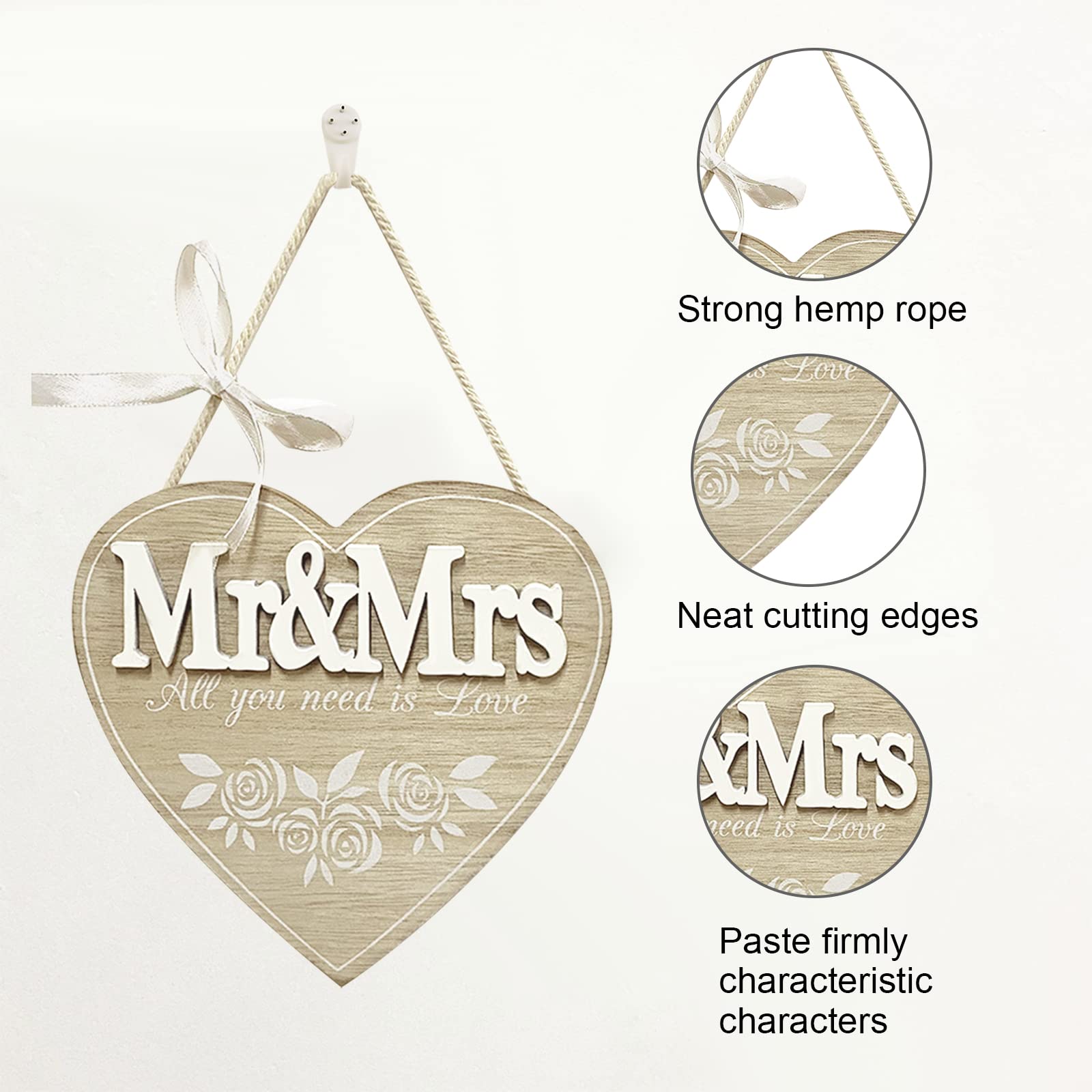 WANDIC Wedding Wooden Hanging, 1 Pieces Heart Wooden Sign Mr & Mrs Letters for Wedding Decoration Table Home Door Wall Decor - Image 3