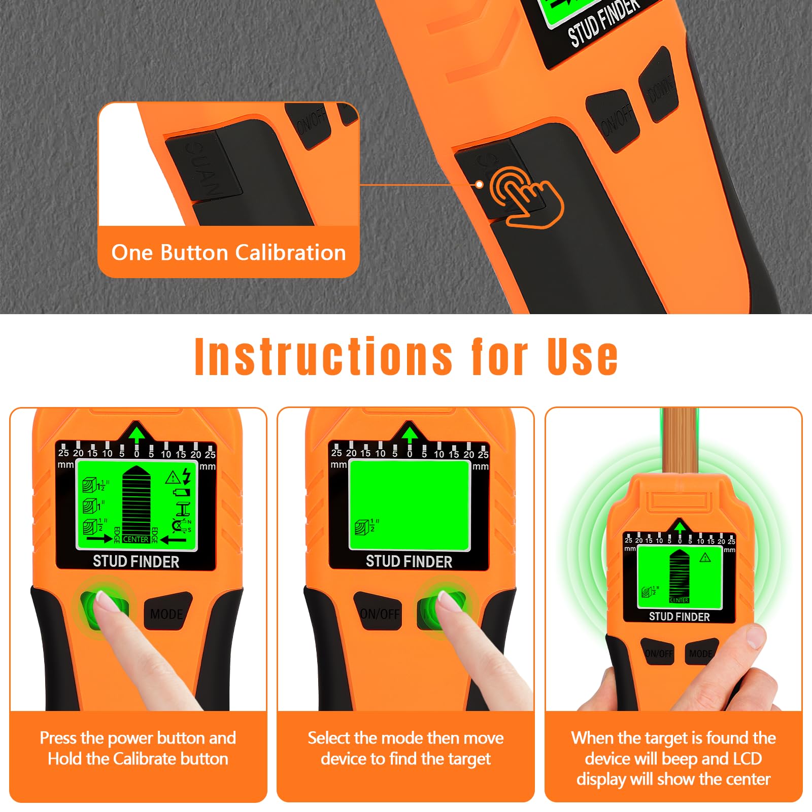 Détecteur de Cable électrique 6-en-1 avec Écran LCD et Alerte Sonore, Scanner Mural Haute Précision pour Métal, Tuyaux et Fils (Orange)