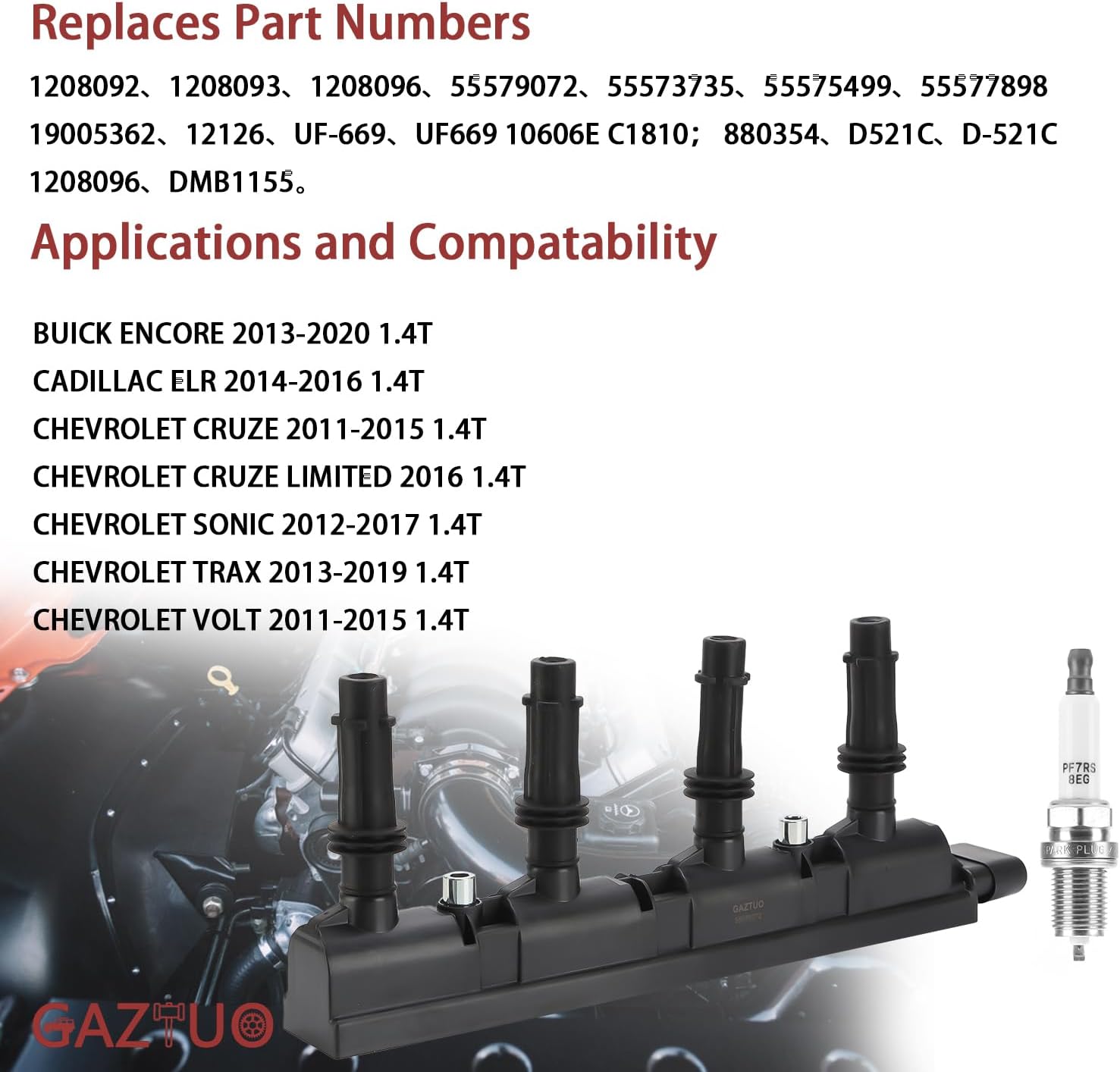 Ignition Coil Pack UF669 and Spark Plugs (Set of 4) Compatible with Chevrolet Buick Cadillac Cruze Sonic Trax Volt Encore - L4 1.4L For # ‎1208092 55579072 10606E C1810