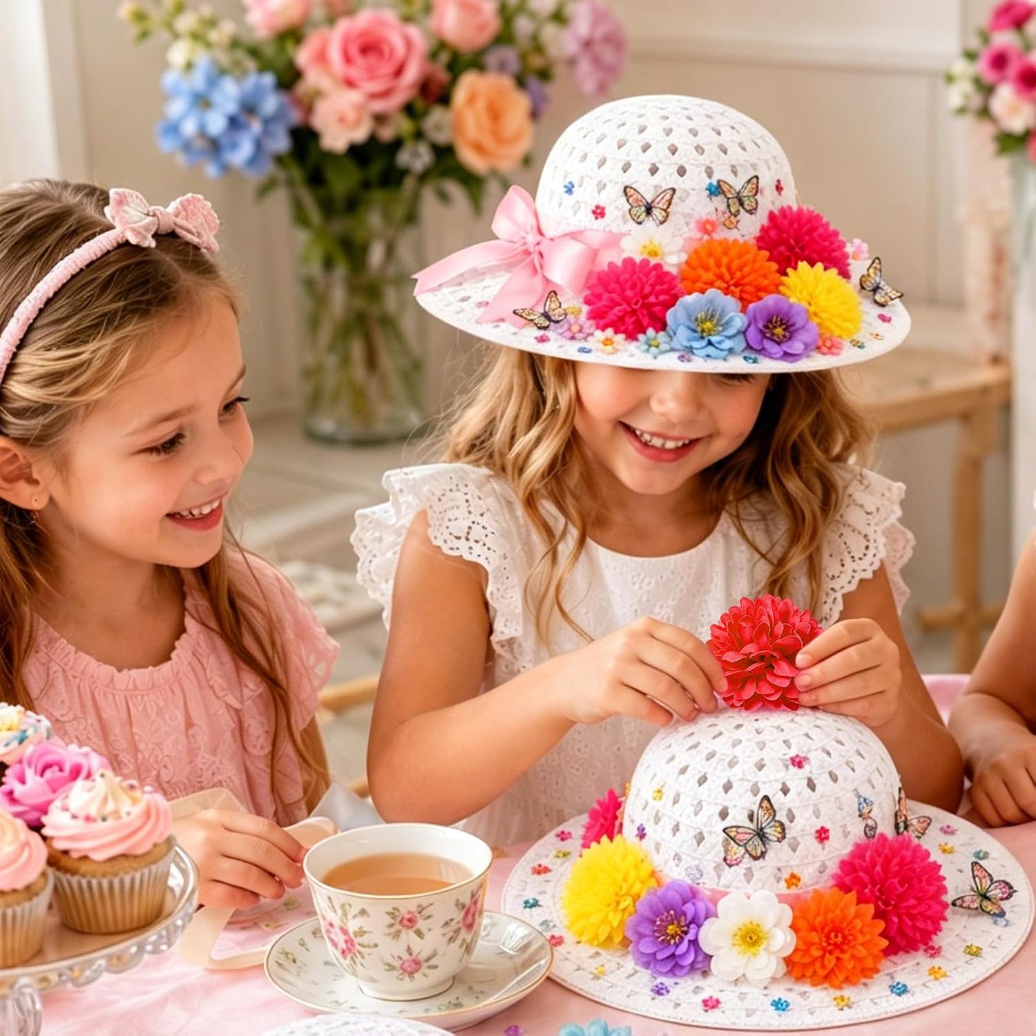 Cinrobiye 12 Sets DIY Straw Hats for Girls Tea Party Hats with Flowers Butterflies Paint Pens Decorate Your Own Hat Fairy Dress Up Craft Kit Birthday Party Supplies image 4