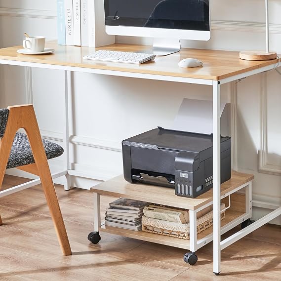 IBUYKE 2 Tier Desktop Printer Stand Cart,Printer Table with Wheels,Desk Heavy Duty Rolling Table with Storage Folders,for Books, Fax Machine, Scanner,Home Office TLJ008R