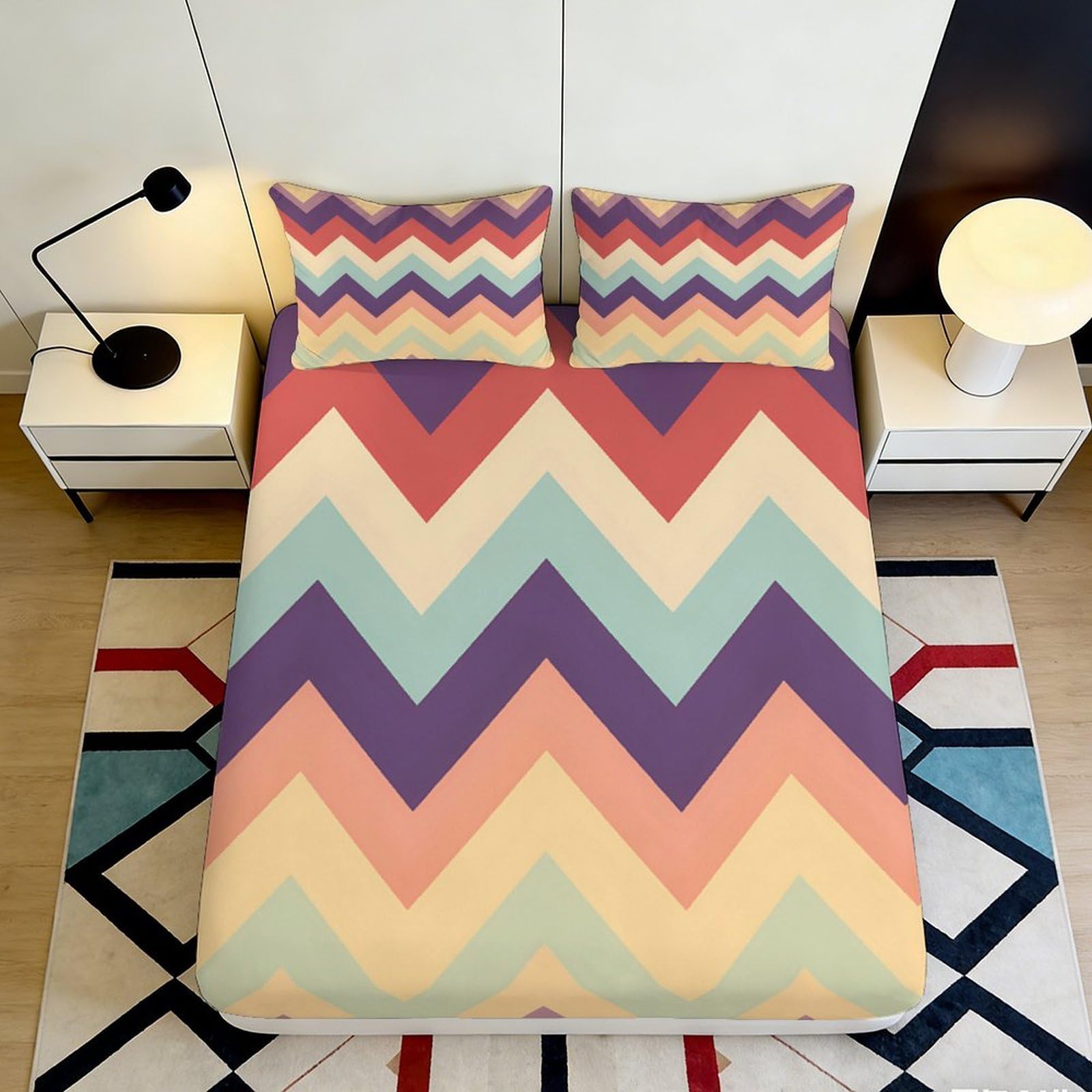 3D Printed Colorful Chevron Fitted Sheet Microfiber Soft Non-Slip Geometric Bed Cover for Bedroom Dorm Mattress Protection 90x200x25cm