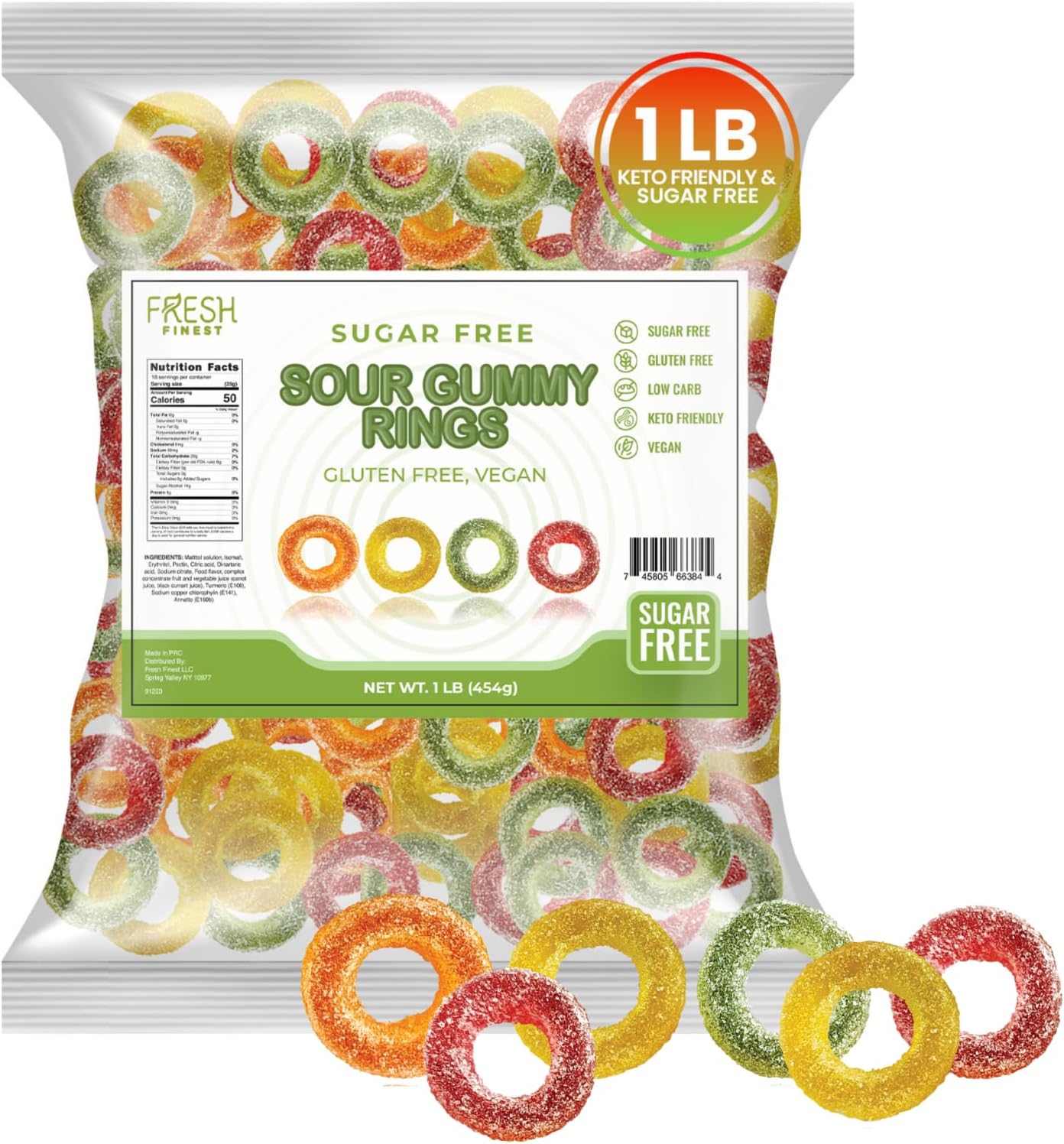 Sugar-Free Gummy Rings Keto Candy - Assorted Fruit Flavors Keto Snacks - Vegan, Gummy, Gluten Free, Low Carb, Sugar-Free Gummies, Bulk 1 LB
