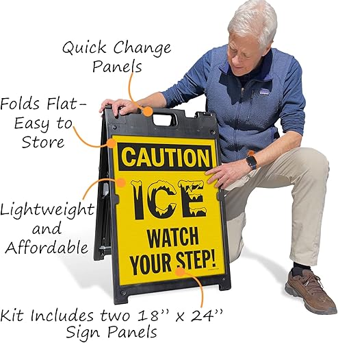 Miniatura 4 de SmartSign Kit de letreros de doble cara BabyBoss con marco en A de 24 x 18 pulgadas, con texto en inglés "Caution - Ice, Watch Your Step", plástico,