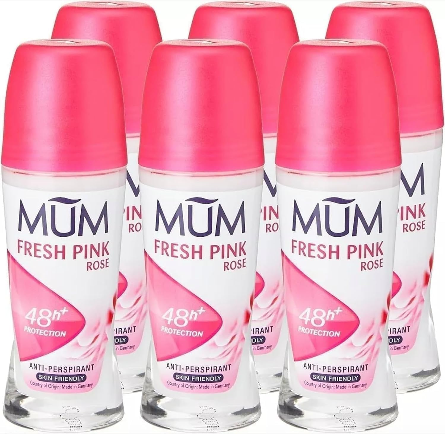 Mum Fresh Pink Rose Perfumed Roll On Deodorant, 48 Hours Plus Protection, Alcohol Free Womens Deodorant, Anti-Perspirant, Vegan, Sustainable Glass Bottle, Rose Fragrance, 50 ml, Pack of 6