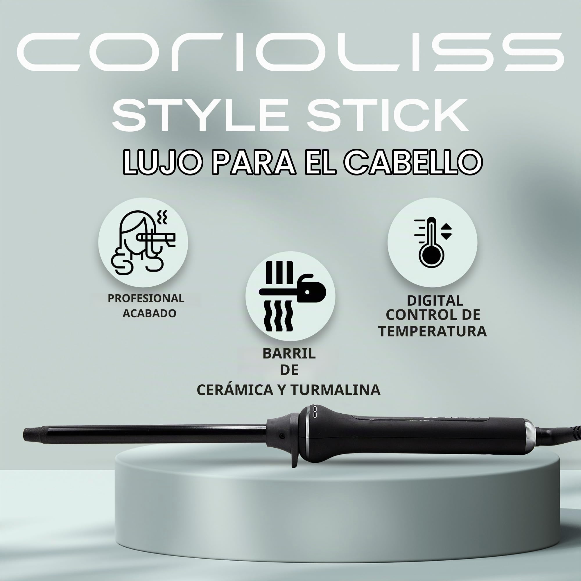 Corioliss Style Stick Black Rizador de Pelo Profesional, Tenacilla con Barril de Cerámica y Turmalina de 13mm Temperatura 80-210°C, rizos definidos y duraderos
