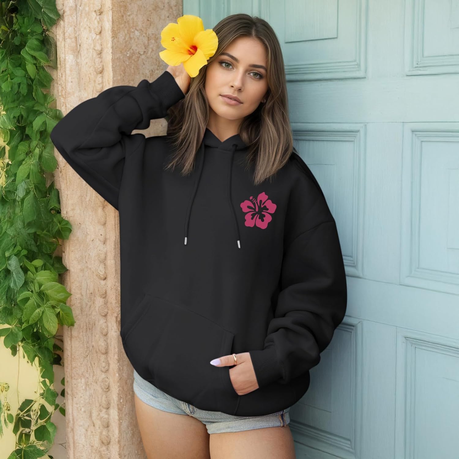 Sulayesh Hawaii Hibiscus Hoodie for Women Teen Girls Plam Ocean Beach Sweatshirt Flower Puff Graphic Aesthetic Oversized Tops