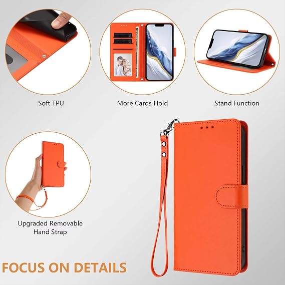 Compatible VIVO V60 Lite 5G Case, PU Leather, Notebook Type Cover, TPU Inner Shock Absorption, Card Storage, Large Wallet Pocket, Stand Function, Hand Strap Included, Orange