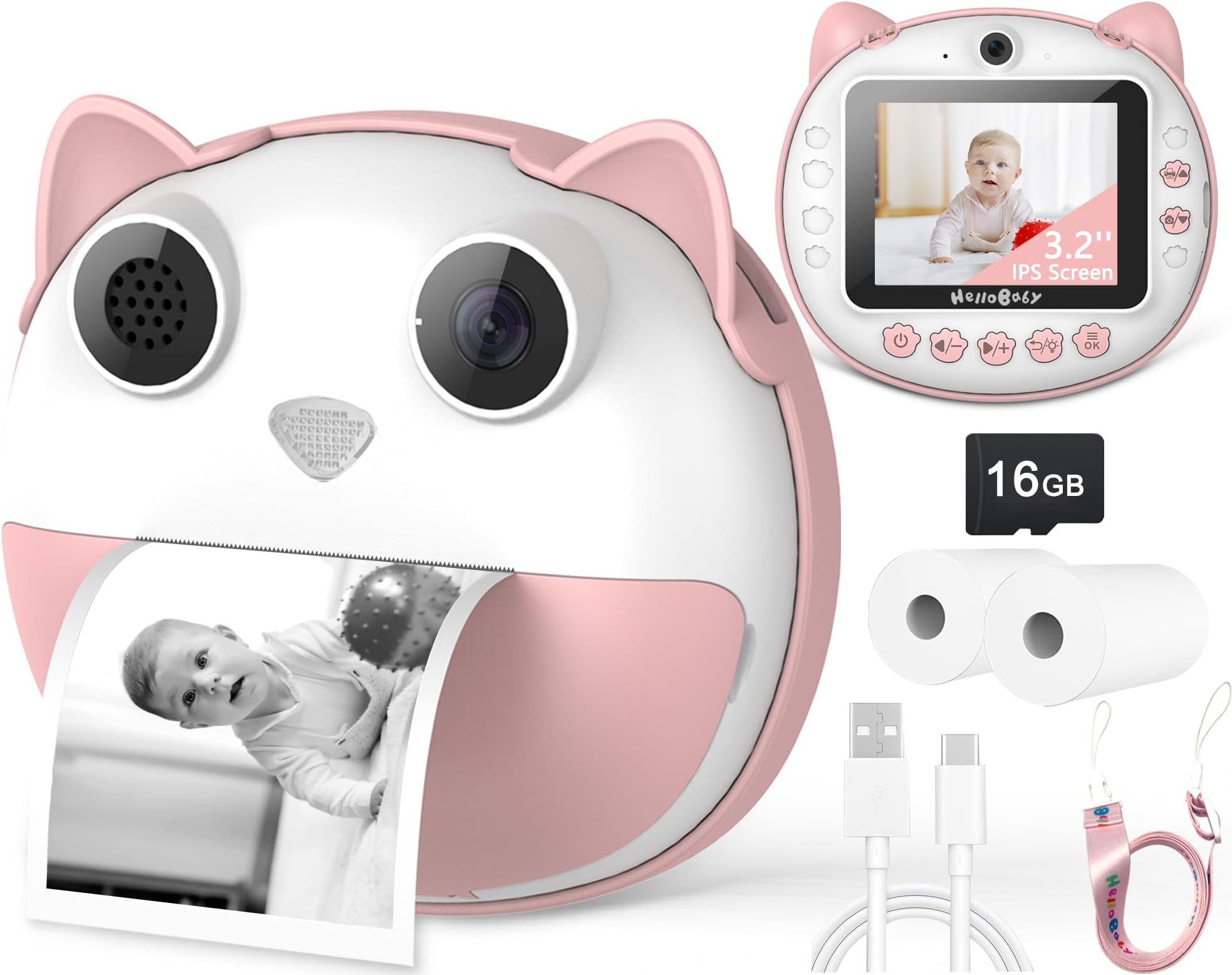 HelloBabyInstant Print Camera for Kids, 3.2'' IPS Screen Kids Instant Cameras, Portable Travel Camera Toy for 3-12 Years Old with 16GB SD Card, 1080P HD Digital Video Cameras for Toddler, Pink
