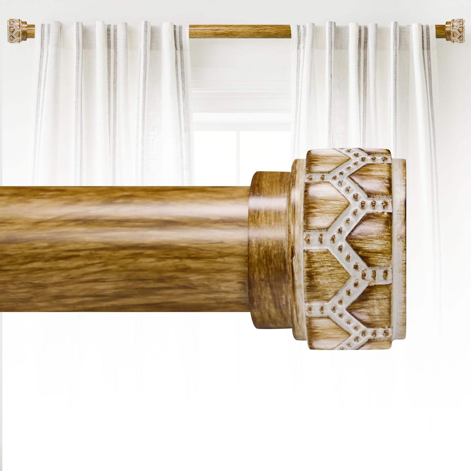 Wood Curtain Rods for Windows 48 to 84 Inch(4-7ft), 1 Inch Diameter Heavy Duty Curtain Rod, Adjustable Decorative Drapery Poles with Carved Round Boho Finials For bedroom & livingroom