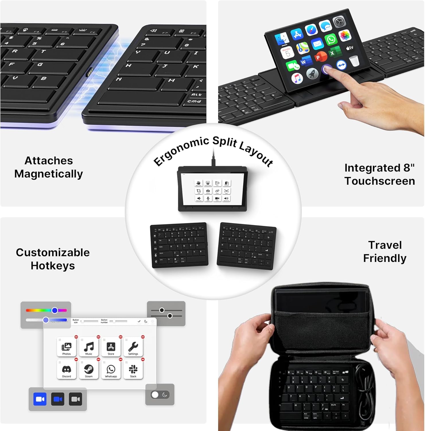 MP Mobile Pixels Tetra Wireless Ergonomic Keyboard, Split Keyboard with 8-inch Central Touchscreen, Modular Magnetic Design Foldable Bluetooth Keyboards, Customizable Shortcuts for Mac & Windows