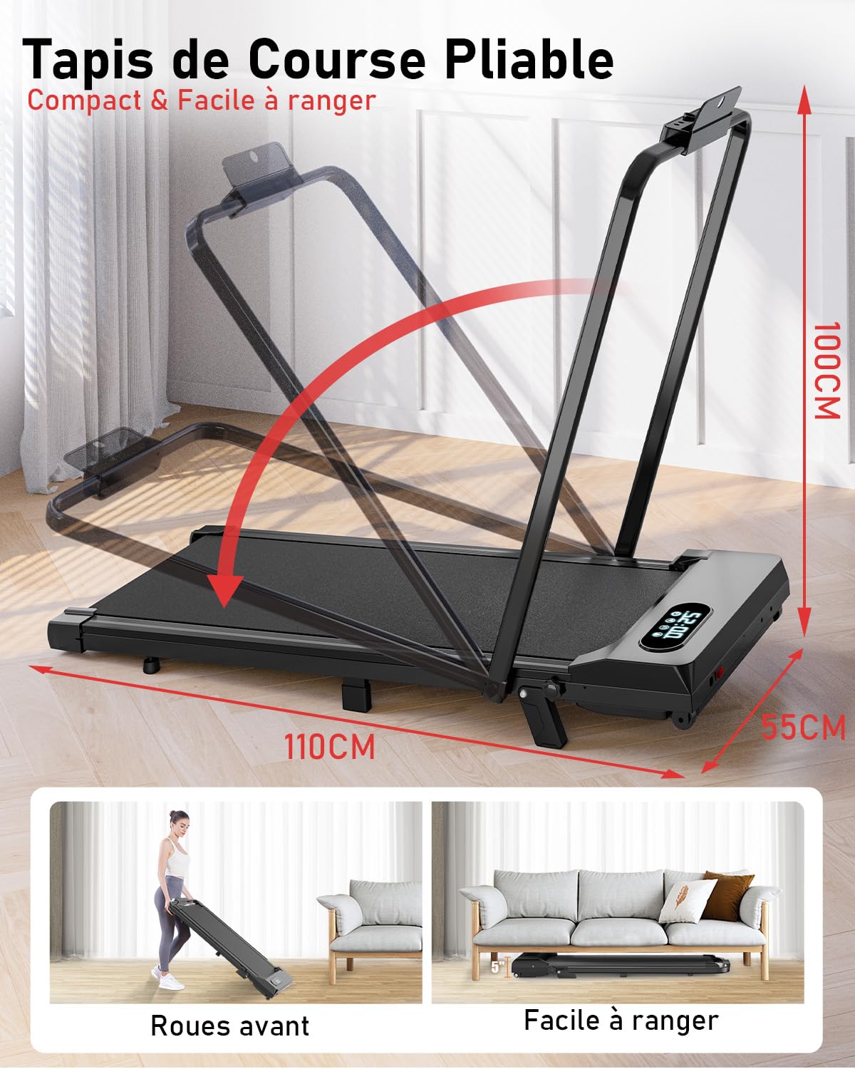 Tapis de Course Pliable avec Pente Réglable 7% – Tapis Roulant Électrique Silencieux 8 km/h, Moteur 2,5HP, Surface Large 40cm, Charge 130kg