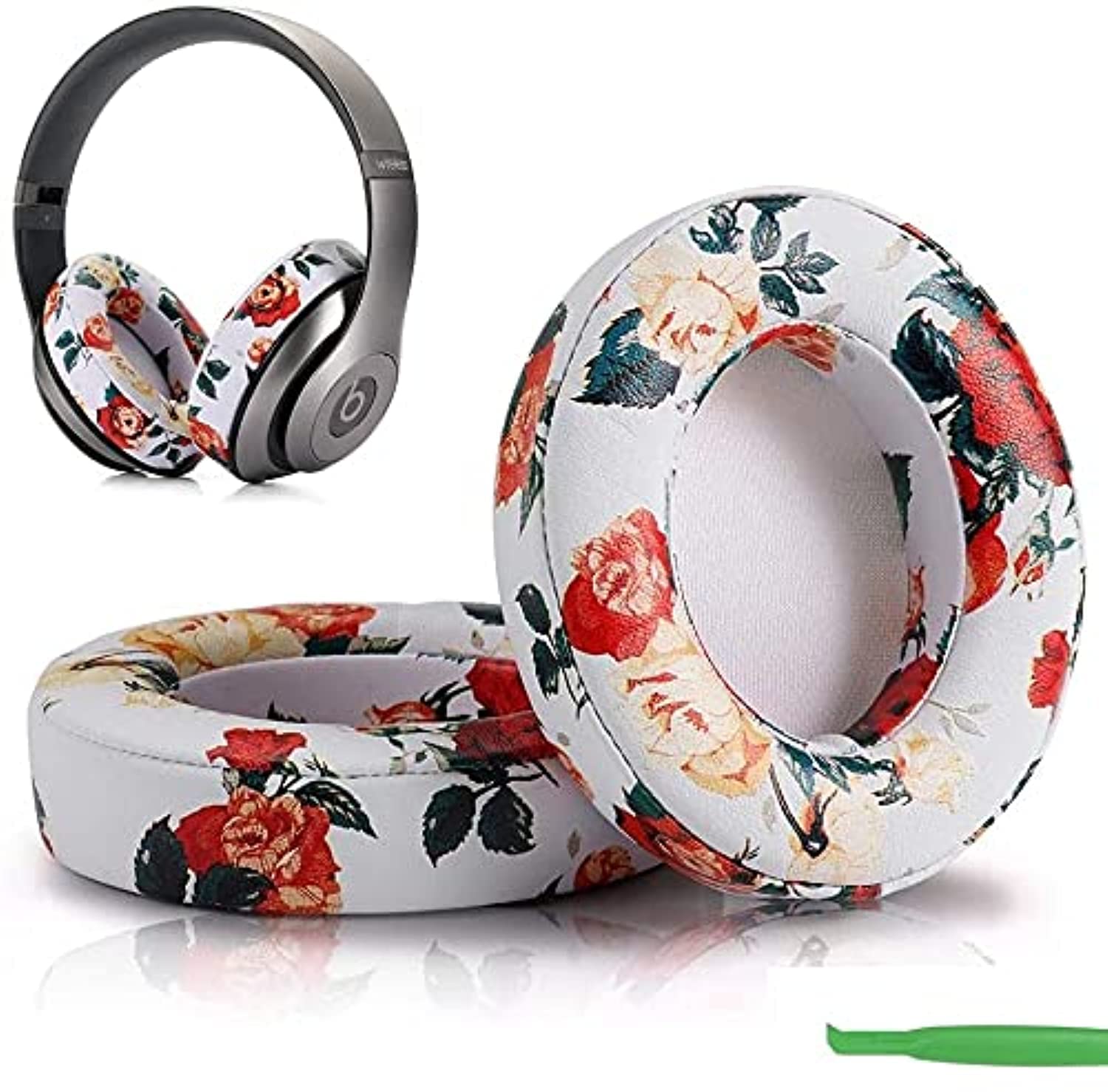 SEEFY Replacement Ear Cushion Pads Cover Compatible with Beats Studio 2.0 Wireless/Wired and Studio 3.0 Over Ear Headphones-1 Pair (Floral White)