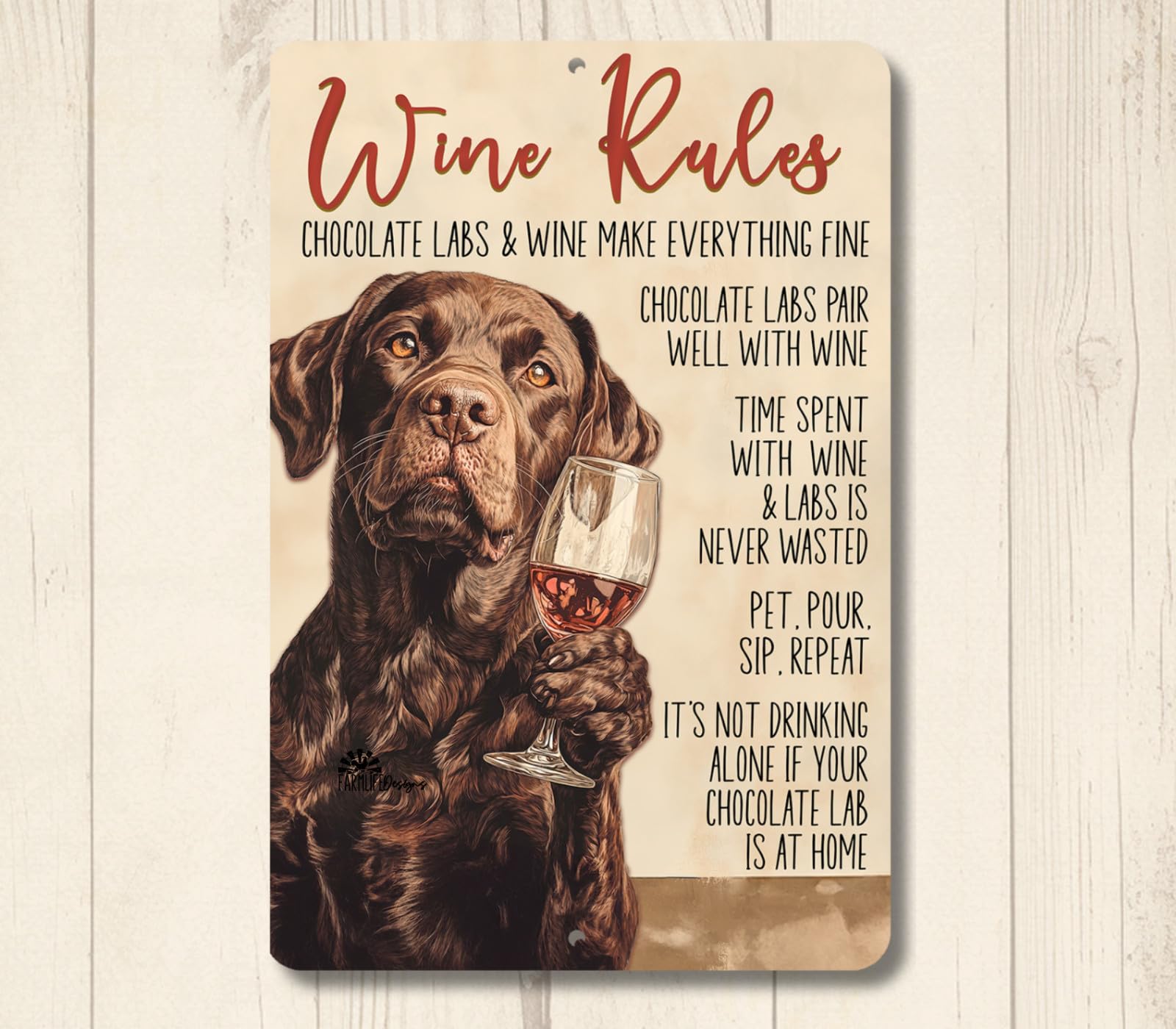 Chocolate Lab Wine Rules Sign bar metal tin funny labrador retriever dog decor home decor