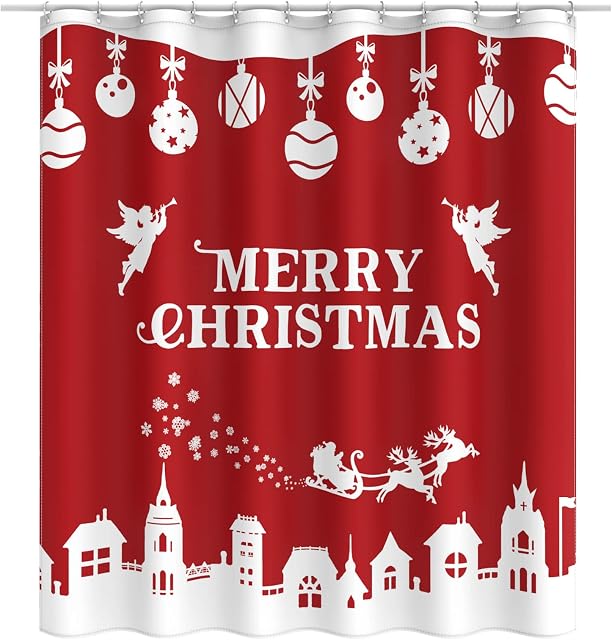 Shinowa Merry Christmas Shower Curtain with 12 Hooks, Quick-Drying Polyester Waterproof Christmas Pattern Shower Curtain Set, Christmas Decorative Drapery for Bathroom, 72-Inch, Red/White