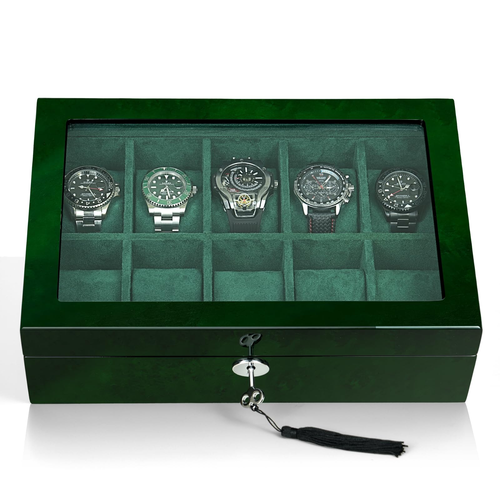 Caja organizadora de relojes para hombre, 10 relojes, pantalla de reloj inteligente, madera con interior de terciopelo suave, ventana de cristal grande, regalo para mujeres y hombres