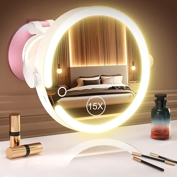 vpu 15X/1X Wall Mounted Magnifying Makeup Mirror with Power Suction Cup, Rechargeable Double Sided Regular HD/Magnification 3 Color Modes Adjustable Brightness Mirror with Lights for Bathroom, Travel