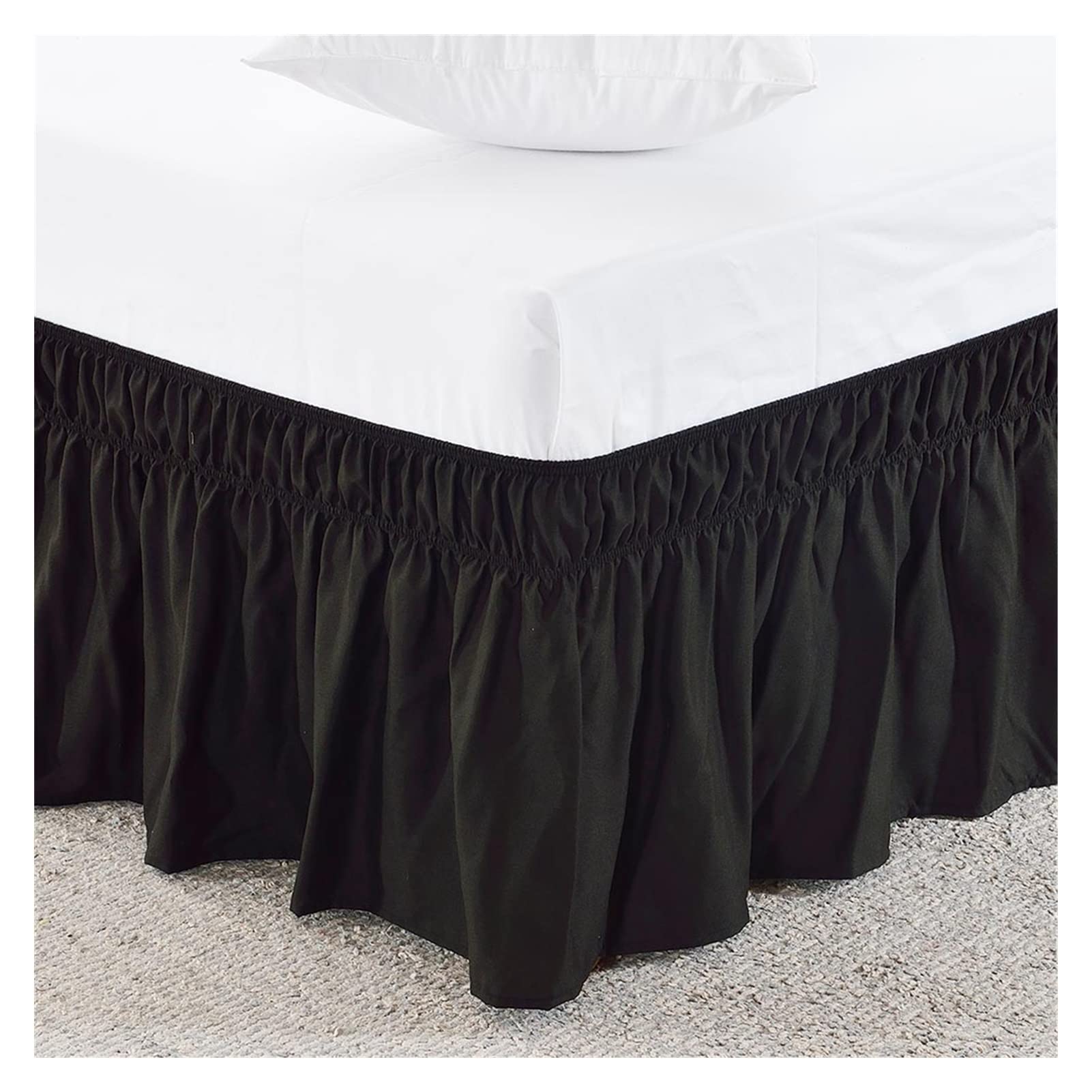 Bettrock mit drei Stoffseiten, Rundumgummi, solider Bettrock, elastisches Band ohne Bett, einfaches An- und Ausziehen, Staub gerüscht, maßgeschneiderte Länge (Farbe: Schwarz, Größe: 180 cm x 200 cm)