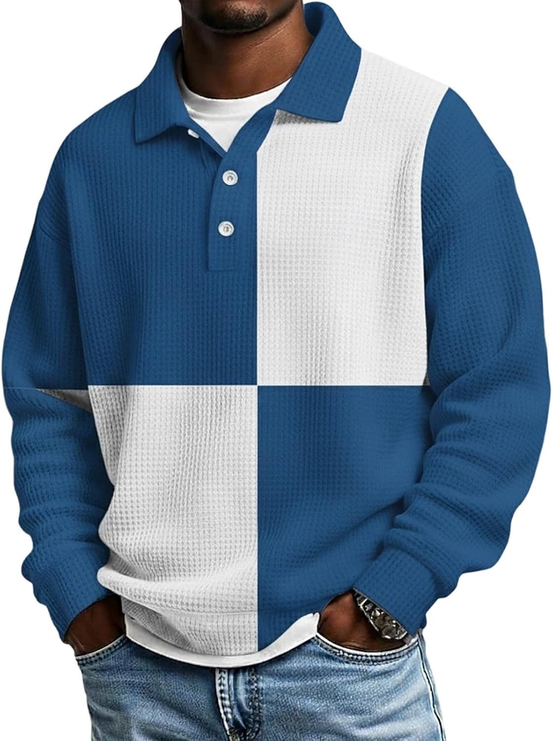 Mens Color Block Button Collar Sweatshirt Loose Fall Pullover