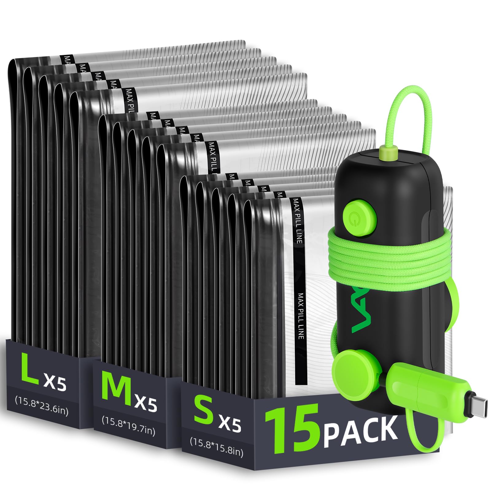 Vacuum Bags for Travel - USB Electric Pump 15 Pack Carry-on Size Vacuum Seal Bags for Clothing -