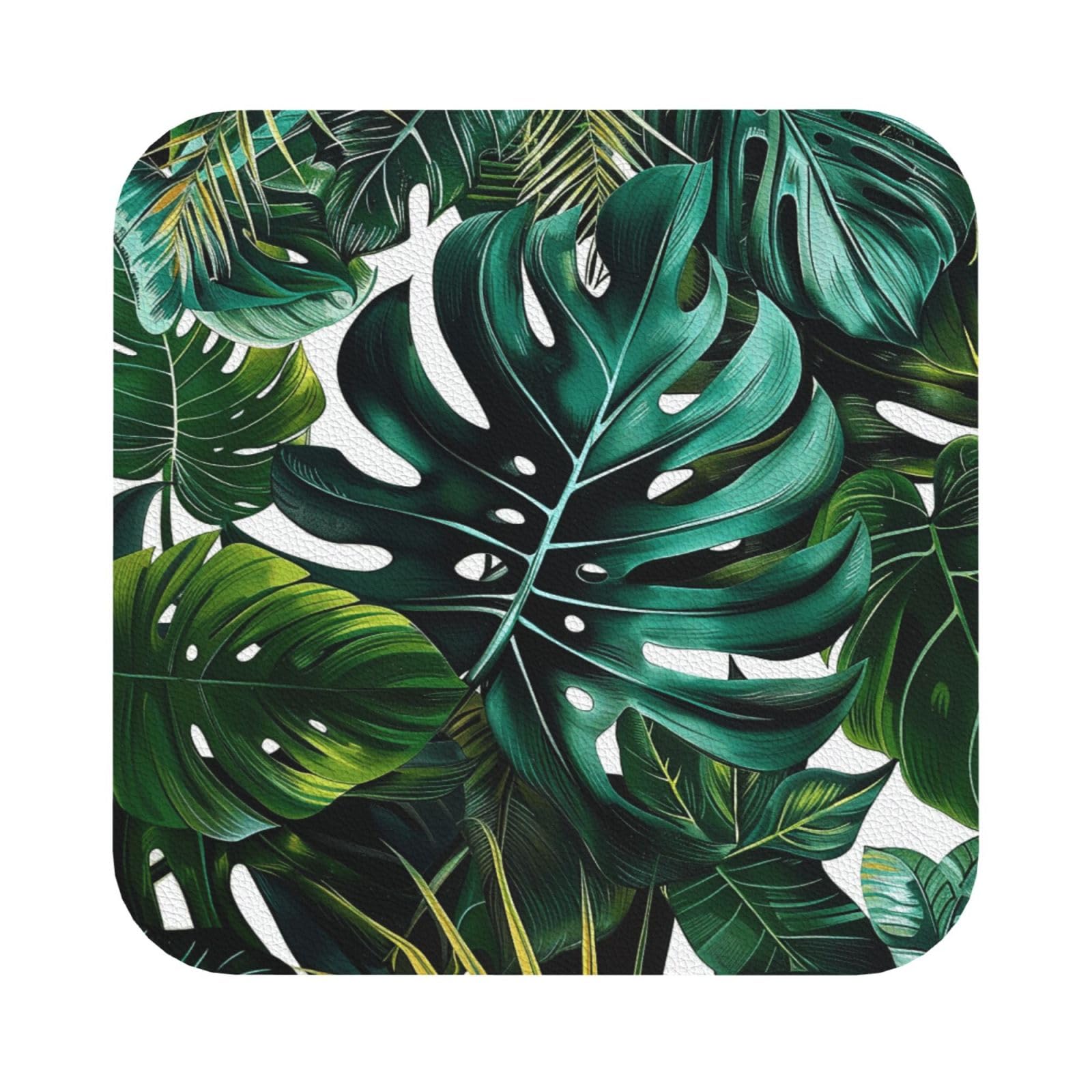 tropical leaves Print Leather Coaster Set of 6, Square Coasters Table Decorative Coffee Cup Beverage Coasters Wine Beer Bar Coasters for Hot Drinks Table Protection